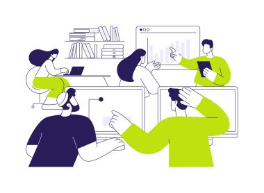 Çalışma alanı soyut konsept vektör çizimi. Laptoplar ve ortak çalışma alanı, sanal sınıflar, veri görselleştirmeleri, çevrimiçi eğitim soyut metaforu kullanan çeşitli insanlardan oluşan bir grup.