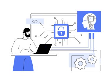 AI-Backked Security Yama soyut konsept vektör çizimi. Siber güvenlik. Yapay zeka algoritmalarıyla güvenlik yamalarının ve güncellemelerin uygulamasını otomatik hale getir. AI Teknoloji. soyut metafor.