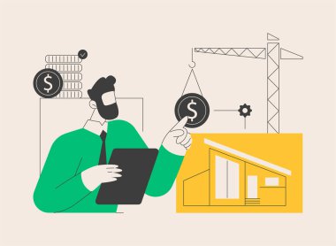 İnşaat maliyetleri soyut konsept vektör çizimi. Proje yönetimi, banka kredisi, emlak işi, tasarım projesi, inşaat yatırımı, müteahhit hizmeti, yenileme soyut metaforu.