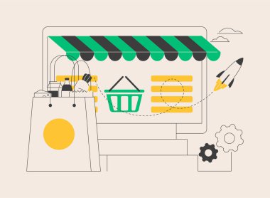 Online mağaza soyut konsept vektör illüstrasyonunuzu başlatın ve çalıştırın. Çevrimiçi küçük işletmeler, market ve temel ihtiyaçlar kaldırım kenarında toplanma, siparişleri kabul etme ve soyut metafor ödeme.