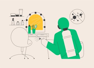 Güzellik salonları soyut konsept vektör çizimi. Saç ve manikür salonları. Müşteri ziyaretinden sonra tamamen sterilize edilmiş. Tek kullanımlık malzemeler..