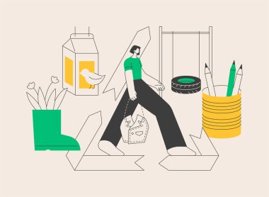 Soyut konsept vektör illüstrasyonu yükseltiliyor. Yaratıcı yeniden kullanım yöntemi, ekoloji geri dönüşüm eğilimi, atık materyaller, çevresel değer, dönüştürme ürünleri, tüketim soyut metaforunu azaltma.