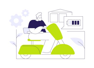 Mobil scooter soyut konsept vektör çizimi. Modern elektrikli scooter kullanan engelli adam, ekoloji bakımı, sürdürülebilir şehir ulaşımı, kişisel ulaşım soyut metaforu.