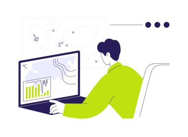 Çevresel veri yönetimi soyut konsept vektör çizimi. Dizüstü bilgisayarı olan bir adam, iklim değişikliğini, ekoloji endüstrisini ve soyut metaforu kontrol ediyor..