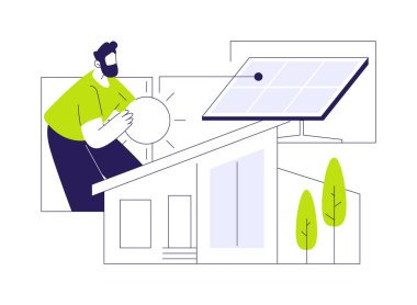 Pasif güneş mimarisi soyut konsept vektör çizimi. Pasif güneş evi, ekoloji ortamı, sürdürülebilir yapı, çevre dostu mimari, modern altyapı soyut metafor.