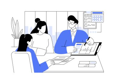 Danışman müşteriler karikatür vektör çizimlerini izole ettiler. Bir ofiste müşterilerle müteahhitler toplantısı, iş adamları, ticari gayrimenkul firması hizmetleri karikatürü..