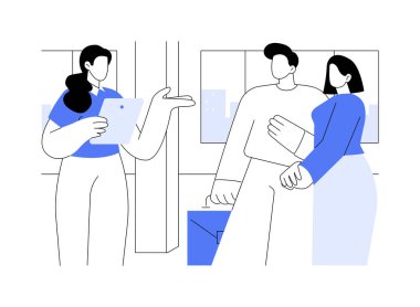 Emlak turu karikatür vektör çizimlerini izole etti. Ticari emlak komisyoncusu iş adamlarına bir mülk gösteriyor, b2B satışları, gayrimenkul turu, modern bina kira vektör karikatürü.