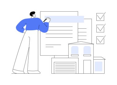 Emlak yönetimi karikatür vektör çizimlerini izole etti. Ticari emlakçı emlak bakımı, iş adamları, emlak yöneticisi vektör karikatürü hakkında bir belge yazıyor..