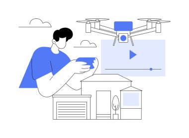 Emlak videosu karikatür vektör çizimlerini izole etti. Adam emlak havacılığı, küçük işletme, ticaret projesi, insansız hava aracı çekimleri, mülkiyet fotoğrafçılığı vektör karikatürü alıyor..