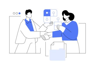 Birleşmeler ve alımlar izole edilmiş karikatür vektör çizimleri. İş ortakları el sıkışır, finansal birleşme ve satın almalar, şirketlere stratejik tavsiyeler, sermaye artırıcı vektör karikatürü.