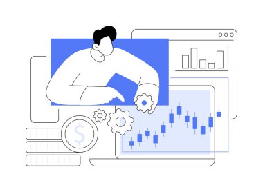Ekonomi analisti karikatür vektör çizimlerini izole etti. Ekonomi analisti borsayı, iş adamlarını, monitördeki grafikleri, para yatırımı danışmanlık vektör karikatürünü analiz eder..