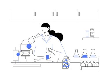 Farmasötik laboratuvar soyut konsept vektör çizimi. Laboratuvarda, ilaç sektöründe, ilaç pazarında çalışan uyuşturucu üreticisi, kimyasal araştırmaları soyut bir metafor haline getiriyor.