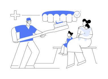 Diş hijyeni, soyut konsept vektör illüstrasyonunu öğretiyorum. Diş hijyenisti, diş fırçasının, diş hekimliğinin, dişçilik endüstrisinin, stomatoloji sektörünün soyut metaforunun nasıl doğru şekilde fırçalanacağını söyler..