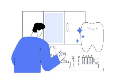 Diş beyazlatma kiti soyut konsept vektör çizimi. Evde diş beyazlatma kitine bakan kişi, stomatoloji sektörü, kişisel hijyen, ağız sağlığı, diş hekimi, soyut metafor.