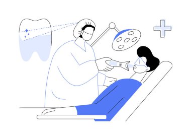 Lazer diş beyazlatma soyut konsept vektör çizimi. Açık boşluğu olan hastanın lazer diş beyazlatma prosedürü, diş hekimliği sektörü, stomatoloji endüstrisi soyut metaforu var..