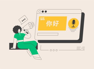 Soyut konsept vektör illüstrasyonu metni için konuşma. Çok dilli konuşma tanıyıcısı, konuşmayı metne çevir, sesi metne çevir, ses tanıma teknolojisi, çeviri soyut metaforu.