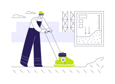 Toprak sıkıştırması soyut konsept vektör çizimi. Rammer aracı arazi sıkıştırma, toprak basınç süreci, ticari inşaat hazırlığı, kazı çalışması, araç soyut metaforu oluşturma.