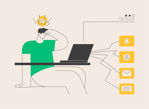 Digital overload abstract concept vector illustration. Overcome overload, employee psychological well being, gadget-dependent life, device affect on human brain, digital burnout abstract metaphor.