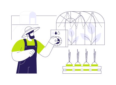 Sera otomasyonu soyut konsept vektör çizimi. Çiftçi otomatikman sulamayı serada, modern tarımda, akıllı çiftçilikte, tarım sektöründe soyut metaforda çalıştırıyor..