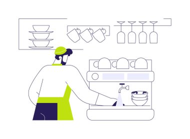 Bulaşık istasyonu soyut konsept vektör çizimi. Gülümseyen restoran çalışanı bulaşık yıkıyor, profesyonel insanlar, hizmet sektörü, horeca iş dünyası soyut metaforu.