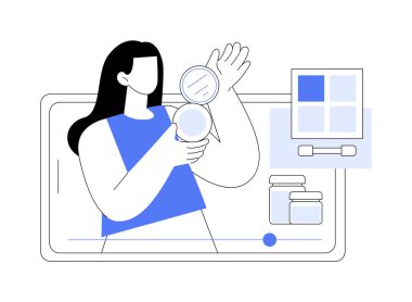 Kozmetik incelemesi izole edilmiş çizgi film vektör çizimleri. Güzel bir kız kamerada kozmetik ürünü, güzellik blogcusu, yaşam tarzı kanalı, cilt bakımı sınıfı, canlı video vektör karikatürü kaydediyor..