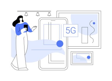 5G izole vektör çizimleriyle güçlendirilmiş gerçeklik deneyimi. Müzede AR kullanımı, yüksek çözünürlüklü sanal gerçeklik resmi ile 5G teknoloji bağlantı vektörü karikatürü.