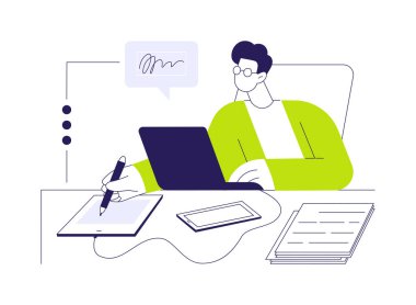 E-dokümanlar soyut konsept vektör çizimi. İşadamı e-belgeyi tablet ve stil kullanarak imzaladı, yasal şirket belgeleri, şirket evrakları, modern teknoloji soyut metaforu.