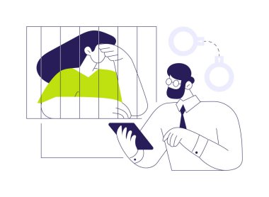 Hukuki yardım kavramsal vektör çizimi. Profesyonel avukat tutuklanan müvekkil ile hapishanede buluşuyor, iş adamları, hukuki yardım servisi, masum fikir varsayımı soyut metafor.