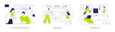 Software development planning abstract concept vector illustration set. Agile project management, kanban board, stand up scrum meeting in office, manage IT project, teamwork abstract metaphor.