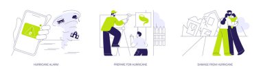 Kasırga soyut konsept vektör çizimi seti. Akıllı telefondan kasırga alarmı, doğal afete hazır olun, fırtına rüzgarı hasarı, tropikal kasırga, mülk tahribatı soyut metafor.