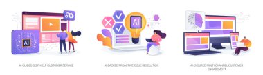 AI-Destekli Müşteri Hizmetleri soyut konsept vektör çizimi seti. El-Rehberli Kişisel-Yardım Müşteri Servisi, El-Destekli Proaktif Konu Çözümleme, Çok Kanallı Müşteri İlişkileri soyut metaforu.