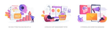 Soyut konsept vektör çizimi için yapay zeka teknolojisi. ROI ve Öznitelik Analizi AI, AI Azaltılmış Araç Terk Oranları, El-Kişiselleştirilmiş Pazarlama Mesajları soyut metaforu.