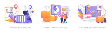 Yapay zeka lojistik konsept vektör çizimi seti. Çevre dostu Eko-Arkadaş Zinciri, Öngörü Envanter Analizi, Geliştirilmiş Ulaşım Yönetimi soyut metaforu.