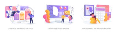 HR soyut konsept vektör illüstrasyonundaki yapay zeka seti. AI-Geliştirilmiş Performans Değerlendirmesi, El-Öngörücü Çalışan Tutma, Maaş ve Yardım Yönetimi soyut metaforu.
