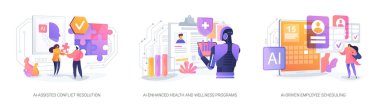İnsan Kaynaklarındaki Yapay Zeka soyut konsept vektör illüstrasyonu seti. Al-Destekli Çatışma Çözümleme, El-Geliştirilmiş Sağlık ve Sağlık Programları, El-Sürücü Çalışan Zamanlaması Soyut