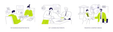 İş belgeleri soyut konsept vektör çizimi seti. Girişimci işletme kayıt ücretini öder, ruhsat ve ruhsat alır, yurtdışında bir şirket kaydeder, uluslararası ofis soyut metaforu.