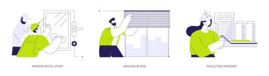 Windows servisi soyut konsept vektör çizimi seti. Pencere kurulumu, asma jaluzileri, köpük yalıtımı, ambar montajı, konut inşaatındaki iç çalışmalar soyut metafor..