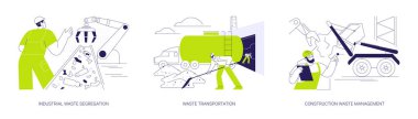 Endüstriyel atık yönetimi soyut konsept vektör çizimi seti. Endüstriyel atık ayırma servisi, çöp kamyonunda çöp taşımacılığı, inşaat çöpü yönetimi soyut metaforu.