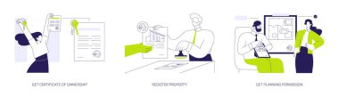 Gayrimenkul belgeleri soyut konsept vektör çizimi seti. Sertifika mülkiyeti, tapu kaydı, planlama izni, noter kayıtları, tapu kaydı, bürokrasi soyut metaforu.