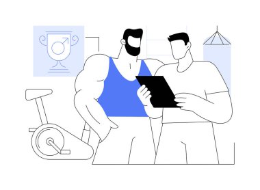 Kişisel eğitmen karikatür vektör çizimlerini izole etti. Kaslı adamın spor salonunda eğitmenle kişisel eğitimi var, spor aktivitesi, vektör karikatürünü bir araya getirmek..