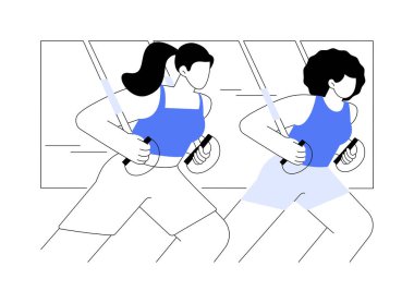 Uzaklaştırma eğitimi karikatür vektör çizimlerini izole etti. Spor salonunda şınav çeken kadınlar, grup çalışması, spor malzemeleriyle çalışmak, vektör karikatürünü bir arada tutmak..