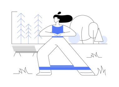 Direnç bandı, karikatür vektör çizimleri üzerinde çalışıyor. Spor lastiğiyle kız eğitimi, sağlık egzersizi, sağlıklı ve aktif yaşam tarzı, vücut geliştirme motivasyon çizimi..