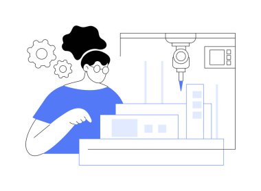 Mimaride 3 boyutlu baskı karikatür vektör çizimleri. Mimari model, teknoloji, proje sunumu, yenilikçi ekipman, 3D yazıcı vektör karikatürü ile çalışan kadın.