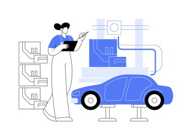 3D baskılı otomotiv parçaları karikatür vektör çizimleri. Otomotiv parçası taşıyan profesyonel mühendis, 3D baskı endüstrisi, yenilikçi teknoloji, araba üretim vektörü karikatürü.