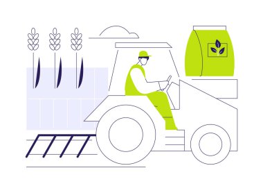 Yeşil gübreleme soyut konsept vektör çizimi. Traktördeki genç çiftçi toprağı gübreler, tarım endüstrisi, sürdürülebilir tarım, yeşil gübreleme süreci soyut metaforu.
