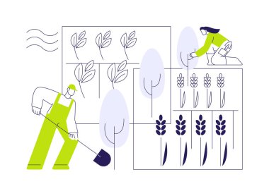Rüzgâr kırıkları soyut konsept vektör çizimi. Bir grup çiftçi tarlalar, sürdürülebilir tarım, tarım endüstrisi, soyut metaforlar eken rüzgarlar arasına çalı ve ağaç dikiyorlar..