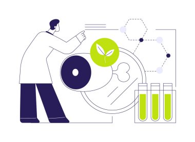 Bitki temelli et soyut konsept vektör çizimi. Biyoteknoloji uzmanı laboratuvarda yetişen etleri, genetik mühendisliğini, ekoloji endüstrisini, sürdürülebilir gıda üretimini, soyut metaforu araştırıyor..