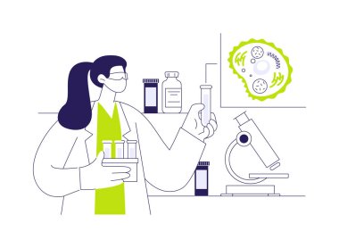 Hücre çalışması soyut konsept vektör çizimi. Test tüplü bilim insanları vücut hücrelerini, DNA incelemesini, tıbbi araştırmayı, laboratuvar deneyini, biyoteknoloji sektörünü soyut metaforu inceliyor..