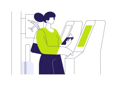 Soyut konsept vektör çizimi. Kız havaalanındaki uçak ruhsatı, ticari hava taşımacılığı, otomatik teknoloji soyut metaforu....