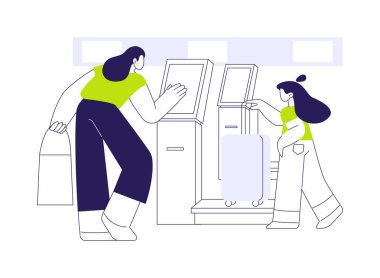 Bagaj tartısı soyut konsept vektör çizimi. Anne ve kızı havaalanında bavulları tartıyorlar, havayolu ulaşımı, ticari ulaşım, çanta bırakma işlemi soyut metafor.